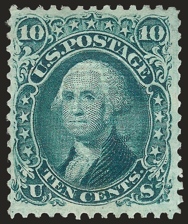 10c Green, E. Grill (89).> Original gum, lightly hinged, clearly-defined grill, deep rich color<><>^VERY FINE ORIGINAL-GUM EXAMPLE OF THE 1868 10-CENT E GRILL.^<><>With 2002 P.F. certificate