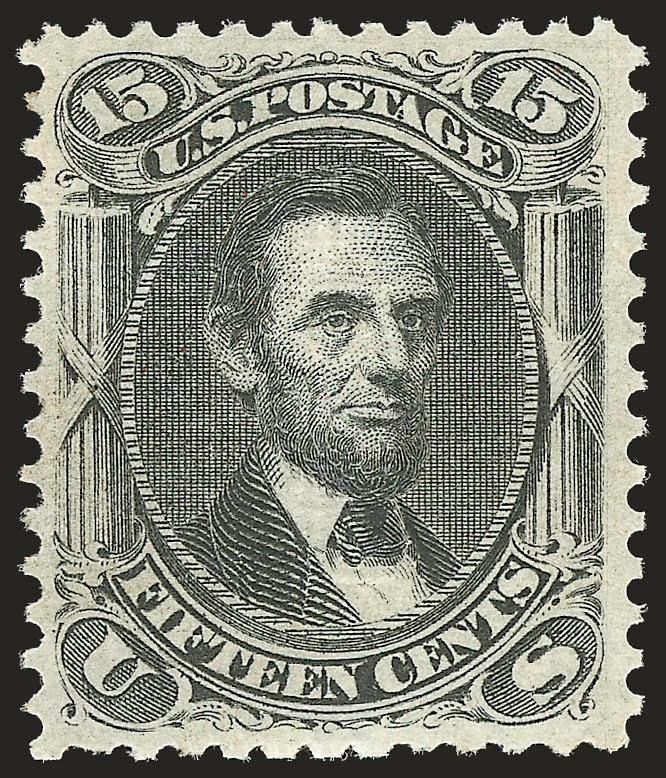 15c Black, E. Grill (91).> Original gum, lightly hinged, crisp impression showing detailed lines of the engraving, clearly-defined grill<><>^EXTREMELY FINE. A BEAUTIFUL AND VERY SCARCE ORIGINAL-GUM EXAMPLE OF
THE 1868 15-CENT E GRILL.^<><>As an i