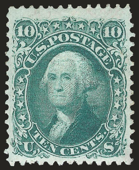 10c Yellow Green, F. Grill (96).> Original gum, lightly hinged, clear and sharp grill points, choice centering with unusually wide margin at top, rich color<><>^VERY FINE AND CHOICE ORIGINAL-GUM EXAMPLE OF THE
1868 10-CENT F GRILL.^<><>With 2000