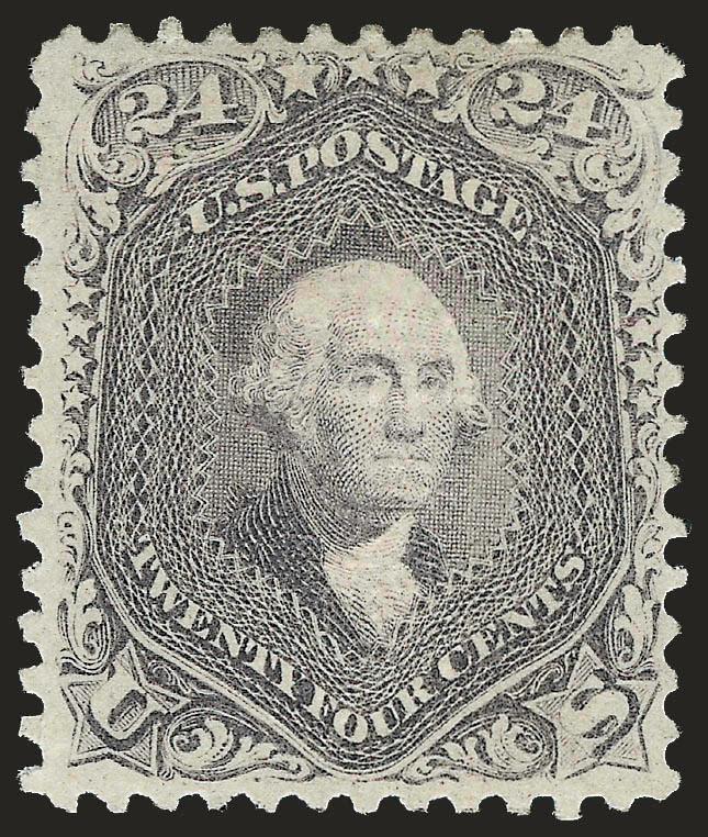 24c Gray Lilac, F. Grill (99).> Original gum, lightly hinged, clear grill points visible from both front and back of the stamp, rich color<><>^EXTREMELY FINE. A BEAUTIFUL ORIGINAL-GUM EXAMPLE OF THE 1868
24-CENT F GRILL. A RARE STAMP IN SUCH OUTSTA