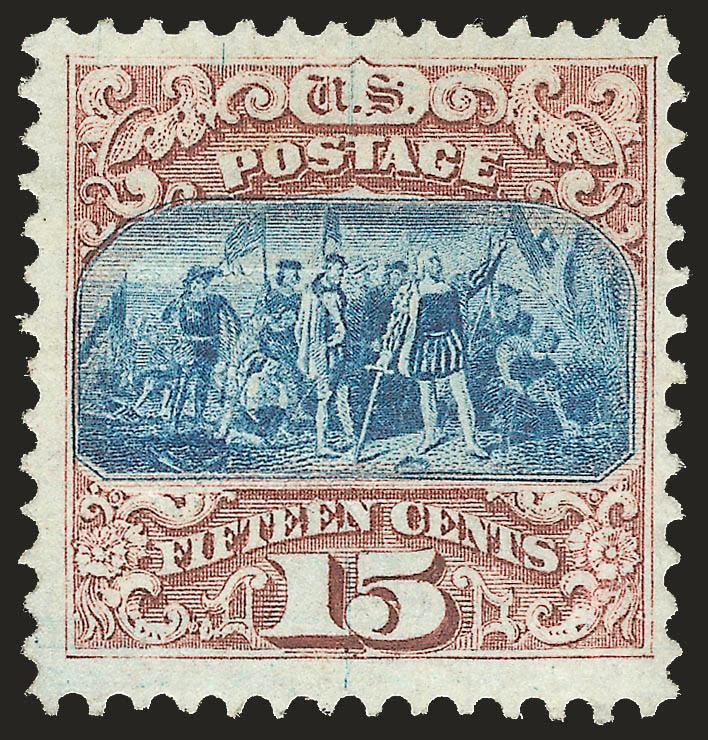 15c Brown & Blue, Ty. I (118).> Original gum, lightly hinged, unusually choice centering with wide margins, sharp impressions with perfectly aligned vignette and frame, bright colors and overall freshness
rarely encountered in this issue<><>^EXTREM