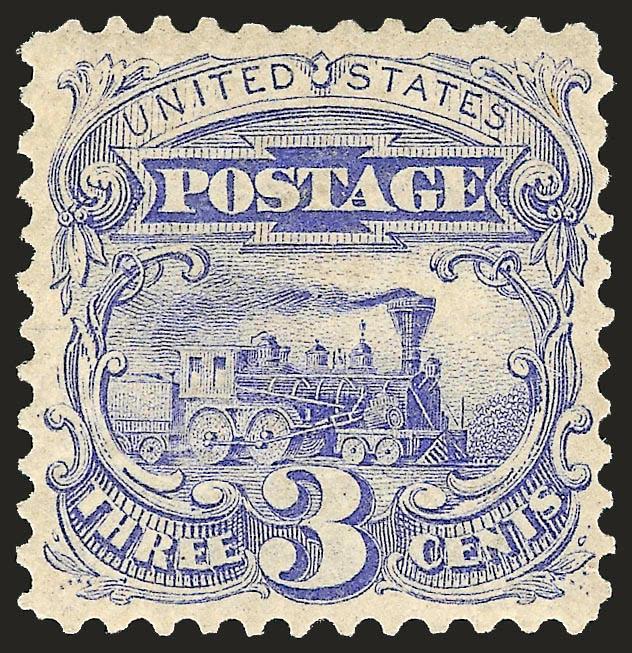 3c Blue, Re-Issue (125).> Original gum, very lightly hinged, rich color, choice centering<><>^VERY FINE. A RARE EXAMPLE OF THE 3-CENT 1869 PICTORIAL RE-ISSUE WITH ORIGINAL GUM^<><>Original sales figures show
that among the 1869 Pictorial Re-Issue