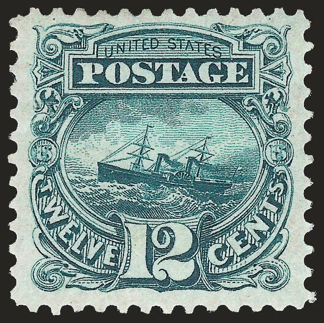 12c Green, Re-Issue (128).> Original gum, deep rich color and proof-like impression, wide margins<><>^VERY FINE AND CHOICE ORIGINAL-GUM EXAMPLE OF THE 12-CENT 1869 PICTORIAL RE-ISSUE.^<><>With 1983 P.F.
certificate