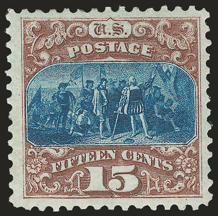 15c Brown & Blue, Re-Issue (129).> Original gum, deep rich colors, wide margins<><>^VERY FINE AND CHOICE ORIGINAL-GUM EXAMPLE OF THE 15-CENT 1869 PICTORIAL RE-ISSUE.^<><>Ex Vineyard. With 1984 and 2003 P.F.
certificates