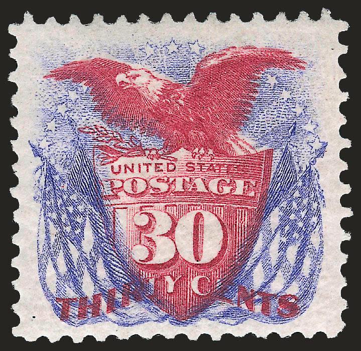 30c Blue & Carmine, Re-Issue (131).> Original gum, deep rich colors and remarkably detailed impressions, vignette perfectly aligned with the frame, wide margins<><>^VERY FINE AND CHOICE ORIGINAL-GUM EXAMPLE OF
THE 30-CENT 1869 PICTORIAL RE-ISSUE.^<