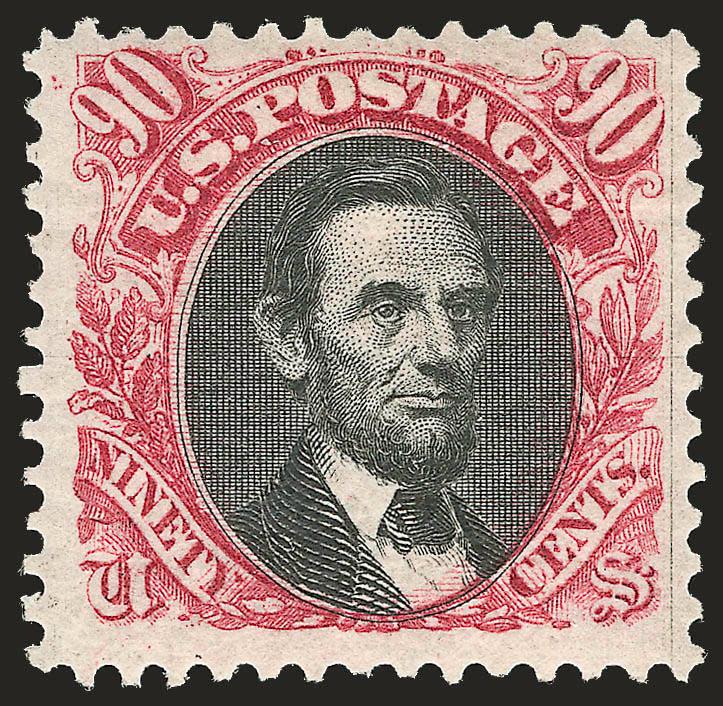 90c Carmine & Black, Re-Issue (132).> Original gum, lightly hinged, deep rich color and sharp proof-like impressions on bright paper<><>^FRESH AND VERY FINE EXAMPLE OF THE 90-CENT 1869 PICTORIAL RE-ISSUE WITH
LIGHTLY-HINGED ORIGINAL GUM.^<><>With