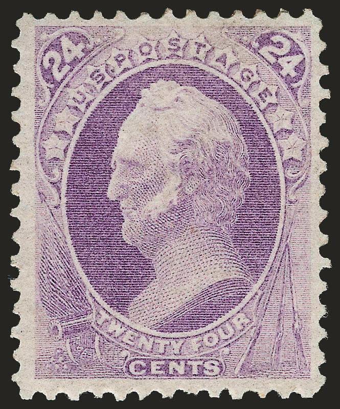24c Purple (153).> Original gum, radiant color on post-office fresh paper, well-proportioned margins<><>^VERY FINE AND CHOICE ORIGINAL-GUM EXAMPLE OF THE 1870 24-CENT NATIONAL BANK NOTE COMPANY UNGRILLED
ISSUE.^<><>With 1971 A.P.S. and 1998 P.F.