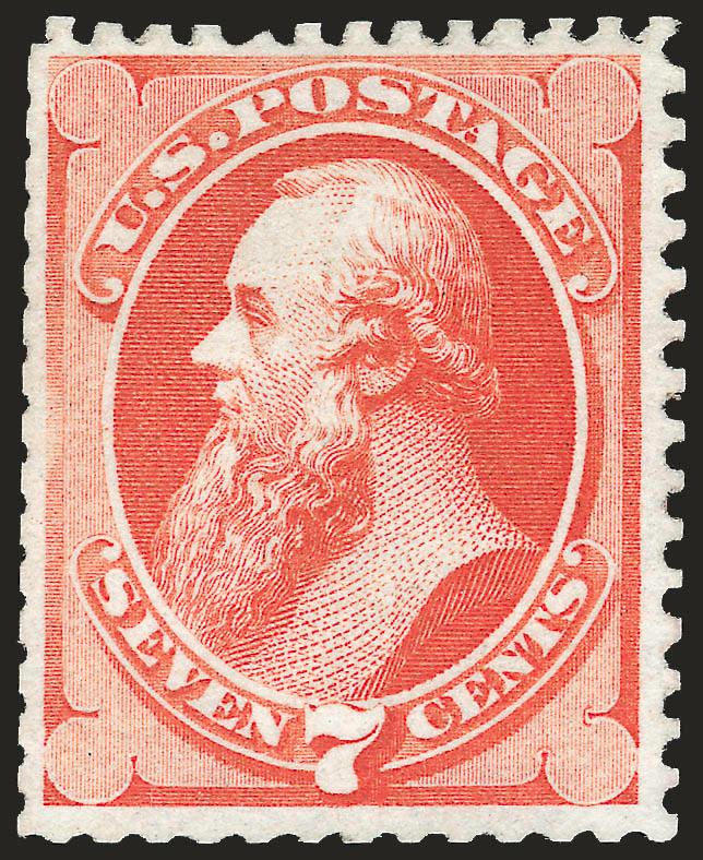 7c Reddish Vermilion, Special Printing (171).> Without gum as issued, scissors-separated but with <nearly intact perfs on all four sides,> radiant color<><>^VERY FINE AND CHOICE. A PHENOMENAL EXAMPLE OF THE
7-CENT 1875 CONTINENTAL BANK NOTE COMPANY