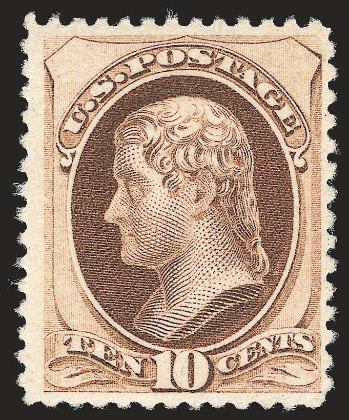 10c Brown, Without Secret Mark (187).> Original gum, attractive shade and crisp impression<><>^FRESH AND VERY FINE ORIGINAL-GUM EXAMPLE OF THE 10-CENT 1879 AMERICAN BANK NOTE COMPANY ISSUE WITHOUT SECRET
MARK.^<><>With 1985 and 2005 P.F. certific