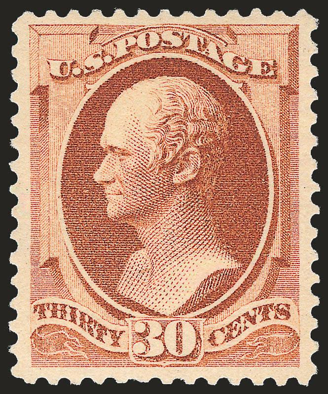 30c Orange Brown (217).> Mint N.H., radiant color, well-proportioned margins<><>^EXTREMELY FINE MINT NEVER-HINGED EXAMPLE OF THE 30-CENT 1888 AMERICAN BANK NOTE COMPANY ISSUE.^<><>With 1989 and 1997 P.F.
certificates
