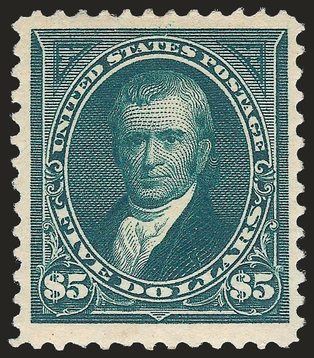$5.00 Dark Green (263).> Original gum, lightly hinged, deep rich color on crisp paper, well-proportioned margins<><>^VERY FINE ORIGINAL-GUM EXAMPLE OF THE 1894 $5.00 UNWATERMARKED BUREAU ISSUE.^<><>With 1978
and 2000 P.F. certificates