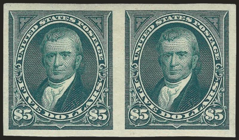 $5.00 Dark Green, Imperforate (278a).> Horizontal pair, original gum, lightly hinged, large even margins, rich color and detailed impression<><>^EXTREMELY FINE. A MAGNIFICENT IMPERFORATE PAIR OF THE $5.00 1895
BUREAU ISSUE.^<><>With 2000 P.F. cer