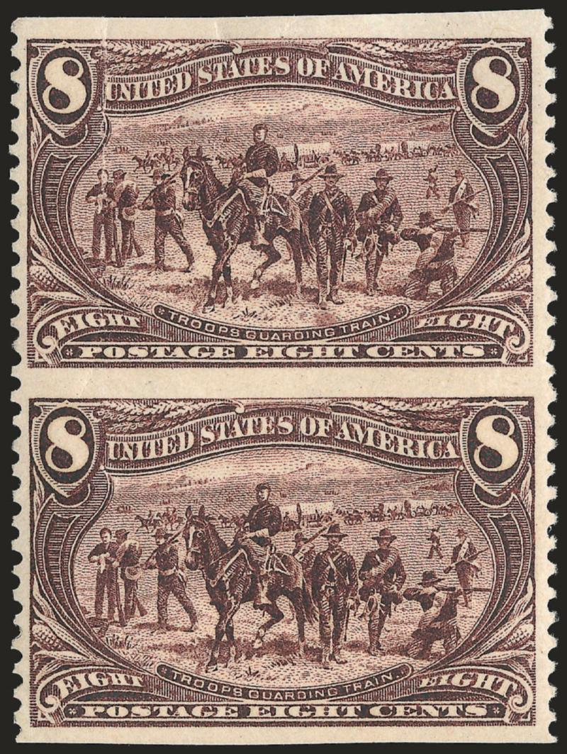 8c Trans-Mississippi, Vertical Pair, Imperforate Horizontally (289a).> Original gum, lightly hinged, deep rich color, few natural gum creases as found on most examples of this rare error, which originated from
one pane of 50<><>^EXTREMELY FINE CENT