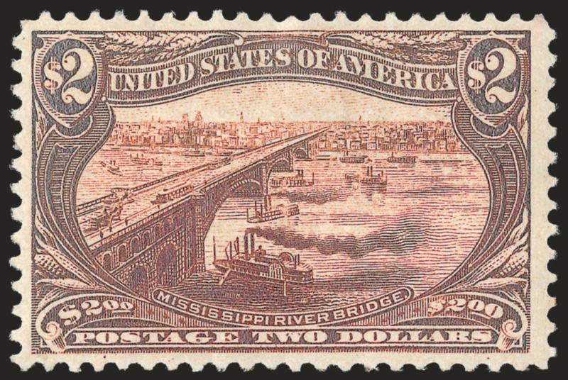 $2.00 Trans-Mississippi (293).> Original gum, lightly hinged, warm shade and detailed impression, wide margins for this difficult issue<><>^VERY FINE AND CHOICE ORIGINAL-GUM EXAMPLE OF THE $2.00
TRANS-MISSISSIPPI ISSUE.^<><>With 1995 P.F. certifi
