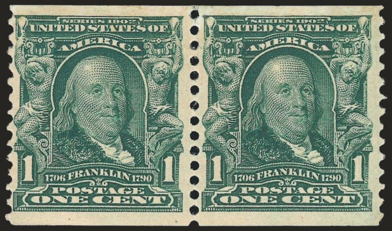 1c Blue Green, Horizontal Coil (318).> Barely hinged, deep rich color, proof-like impression, choice centering with wide margins<><>EXTREMELY FINE EXAMPLE OF THE RARE ONE-CENT 1908 HORIZONTAL COIL.^<><>Purple
Mekeel backstamp on right stamp. With