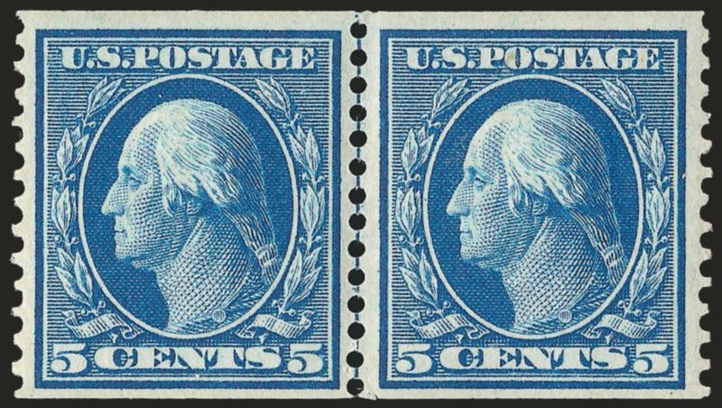 5c Blue, Coil (355).> Mint N.H. guide line pair, rich color and proof-like impression, wide margins, tiny perf tear at bottom center not mentioned on accompanying certificate, otherwise Very Fine, with 1995
P.F. certificate