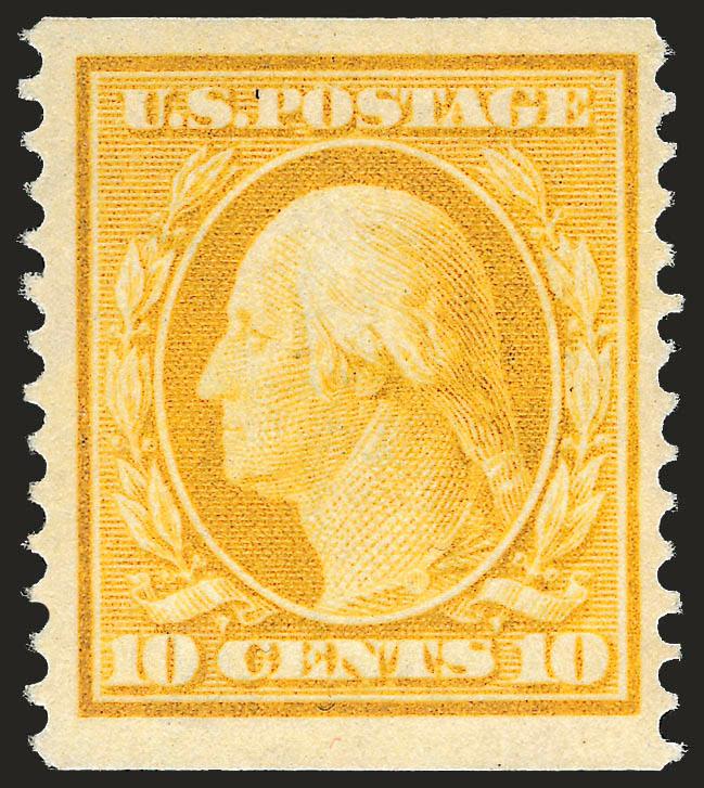 10c Yellow, Coil (356).> Lightly hinged, vivid color as fresh as the day it was printed, wide margins for this difficult issue, tiny natural inclusion not mentioned on accompanying certificate<><>^VERY FINE AND
CHOICE ORIGINAL-GUM EXAMPLE OF THE 19