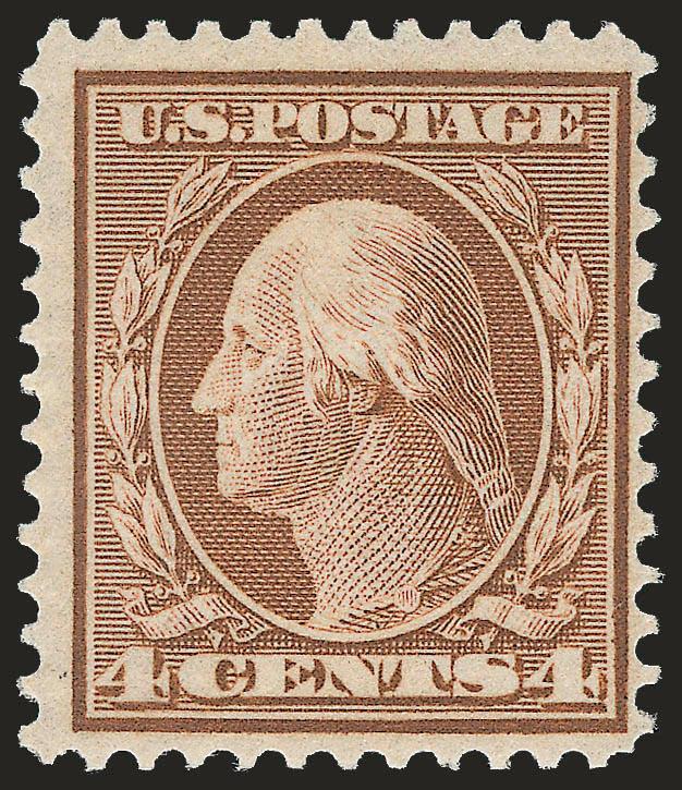 4c Orange Brown, Bluish (360).> Deep rich color, sharp proof-like impression on fresh deeply-blued paper<><>^A FINE AND CHOICE POST-OFFICE FRESH EXAMPLE OF THE RARE 4-CENT BLUISH PAPER.^<><>This stamp was
described in a 1944 Col. Green sale as Mi