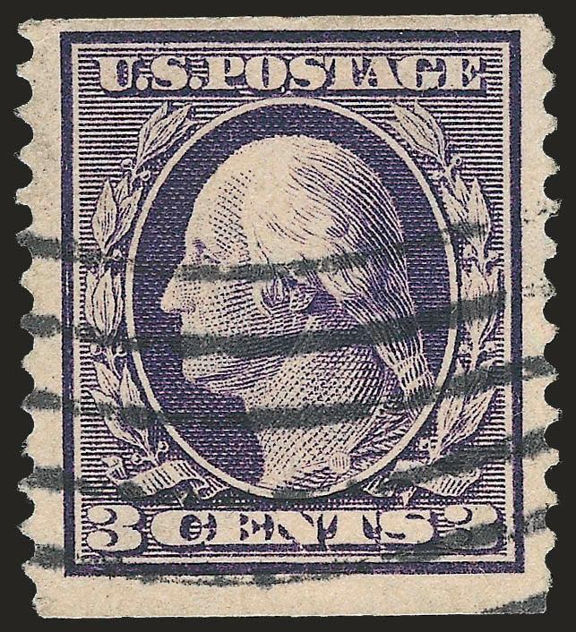3c Deep Violet, Orangeburg Coil (389).> Deep rich color, neat wavy-line machine cancel from Orangeburg, tiny corner crease at top left as do most<><>^VERY FINE APPEARING EXAMPLE OF THE RARE 3-CENT ORANGEBURG
COIL.^<><>The Orangeburg coil was made