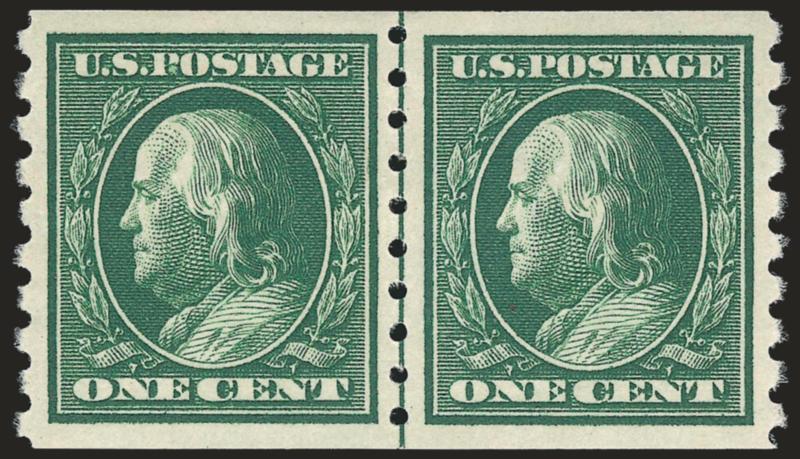 1c Green, Coil (392).> Guide line pair, lightly hinged, incredibly well-centered with Jumbo margins, deep rich color on post office fresh paper, Extremely Fine Gem, with 1997 P.F. certificate