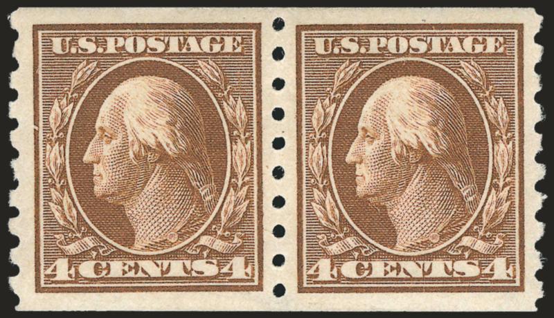 4c Brown, Coil (395).> Pair with 3mm spacing, Jumbo margins, lovely color, Extremely Fine, with 1999 P.F. certificate
