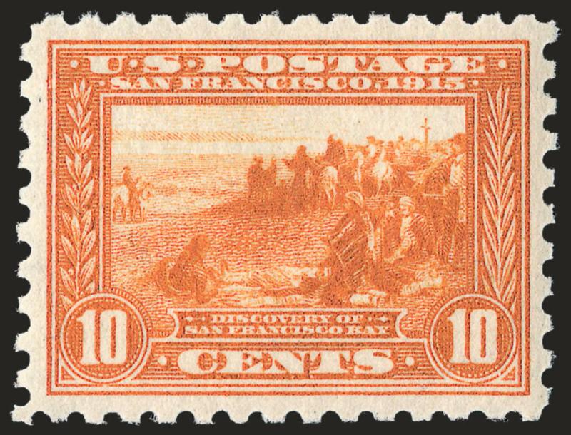 10c Panama-Pacific, Perf 10 (404).> Mint N.H., vibrant color as fresh as the day it was printed, wide margins and choice centering for this difficult issue, Very Fine, the 10c Perf 10 is seldom encountered in
this choice Mint N.H. condition, with 198