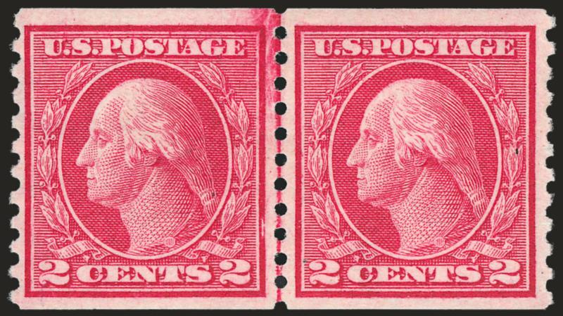 2c Carmine Rose, Ty. I, Coil (453).> Joint line pair, lightly hinged, deep rich color, Very Fine and choice, with 2002 P.F. certificate