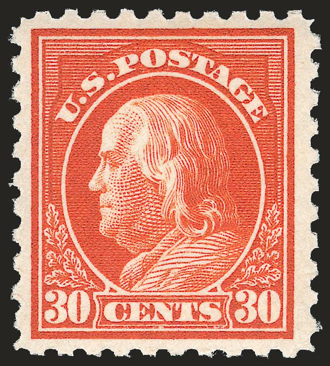 30c Orange Red, Perf 10 (476A).> Position 73 from Plate No. 6911, Mint N.H., very deep and intense color, sharp proof-like impression on bright white paper, well-centered for this difficult stamp<><>^FRESH AND
EXTREMELY FINE. AN OUTSTANDING EXAMPLE
