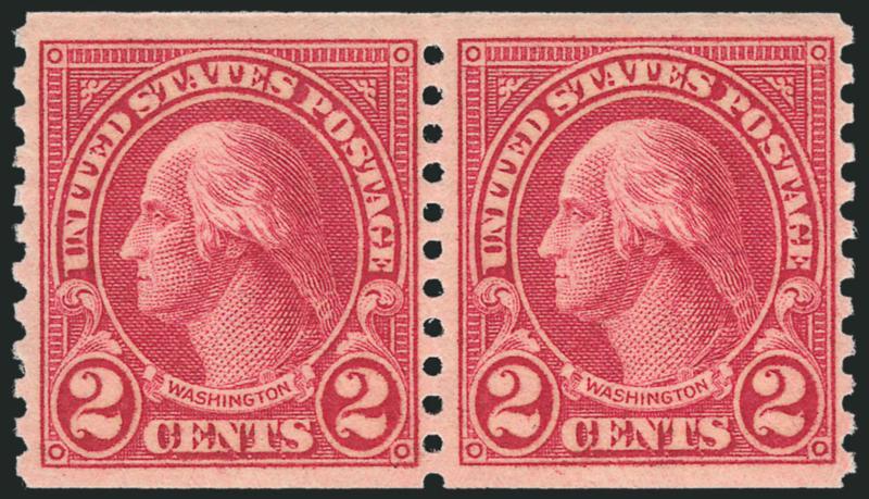 2c Carmine, Ty. II, Coil (599A).> Mint N.H. pair, brilliant color, detailed impression, Very Fine and choice, with 2001 P.S.E. certificate