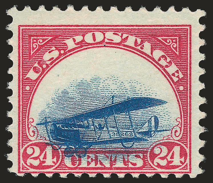 24c Carmine Rose & Blue, 1918 Air Post, Grounded Plane (C3 var).> Lightly hinged, wheels of plane well into CE of Cents<><>^A FINE STAMP WITH EXCEPTIONALLY STRONG DOWNWARD SHIFT OF VIGNETTE.^<><>With 2005 P.F.
certificate