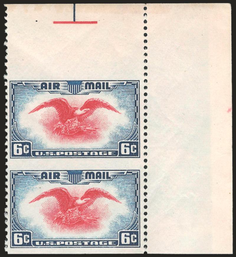 6c Dark Blue & Carmine, Vertical Pair, Imperforate Horizontally (C23a).> Mint N.H. with top right corner margin, bright colors, Very Fine and choice, with Kessler backstamps and 2002 P.F. certificate