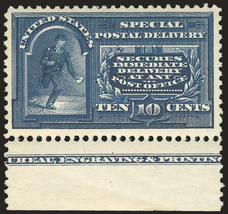 10c Blue, Special Delivery (E5).> Mint N.H., <bottom selvage with part imprint,> deep rich color, well-centered with nicely balanced margins on crisp white paper, Very Fine and choice, with 1989 (for block) and
2000 P.F. certificates