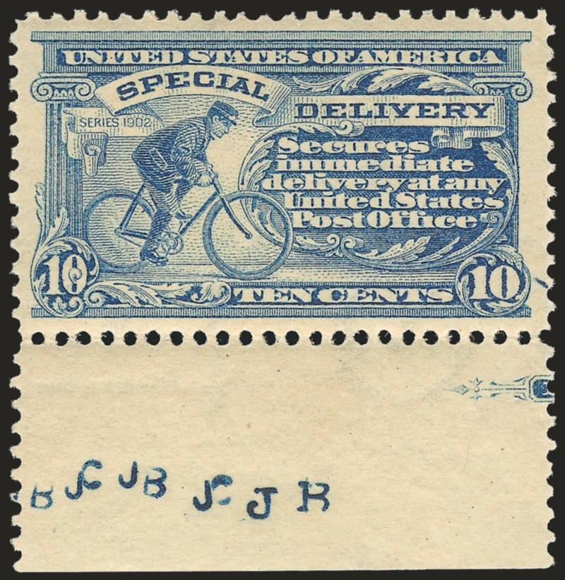 10c Ultramarine, Special Delivery (E6).> Mint N.H., bottom sheet margin with small part of imprint, perfectly centered, post-office fresh and Extremely Fine Gem, with 1996 P.F. certificate