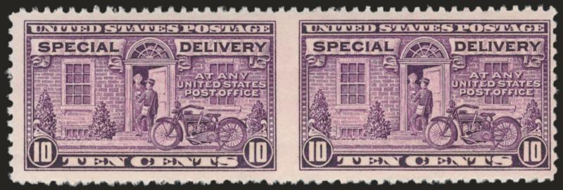 10c Gray Violet, Special Delivery, Horizontal Pair, Imperforate Between (E15c).> Mint N.H., deep rich color and proof-like impression, Very Fine pair of this distinctive variety, with 2002 P.F.
certificate