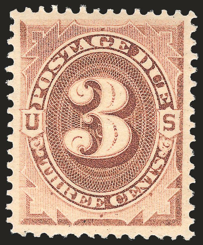 3c Brown (J3).> Mint N.H., rich color and proof-like impression, wide and balanced margins, Extremely Fine, an attractive stamp, with 2004 P.F. and 2005 P.S.E. certificates (XF 90 SMQ $750.00)