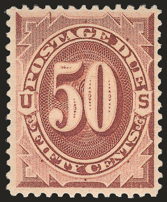 50c Red Brown (J21).> Mint N.H., rich color and detailed impression, well-proportioned margins<><>^VERY FINE AND CHOICE. A SCARCE MINT NEVER-HINGED EXAMPLE OF THE 50-CENT 1884 RED BROWN POSTAGE DUE.^<><>With
1996 P.F. and 2005 P.S.E. certificates