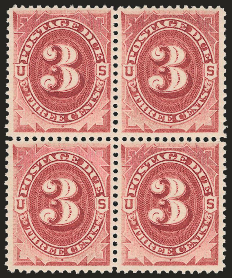 3c Bright Claret (J24). Mint N.H.> block of four, radiant color, top right stamp tiny natural paper translucency, Very Fine, with 1997 P.F. certificate, Scott Retail as never hinged singles