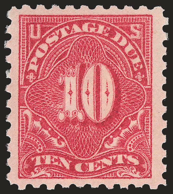 10c Carmine Rose (J56a var).> Mint N.H., bright color and crisp impression, choice centering with wide and balanced margins, Extremely Fine example of this desirable shade, with 1996 P.F. and 2005 P.S.E.
certificates (XF 90 SMQ $420.00)