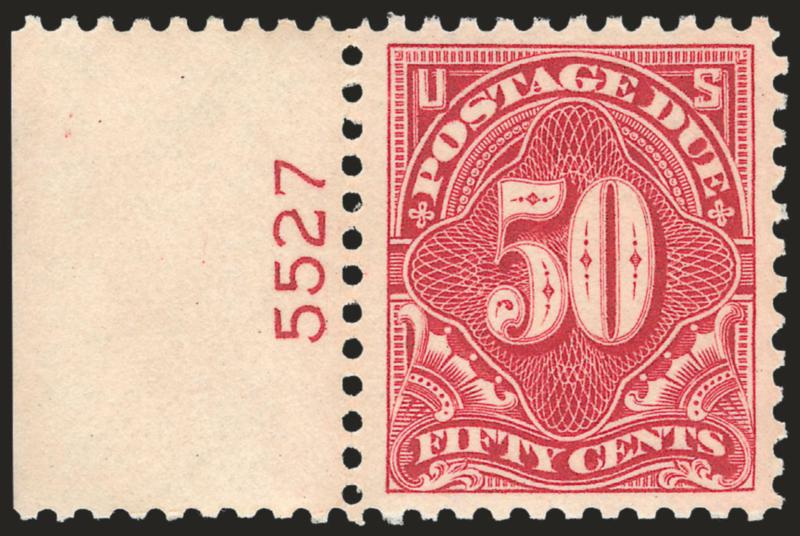 50c Carmine Rose (J67).> Mint N.H. with <plate no. 5527 at left,> bright shade, detailed impression, well-proportioned margins, Extremely Fine, with 1998 P.F. and 2005 P.S.E. certificates (XF 90 SMQ
$650.00)
