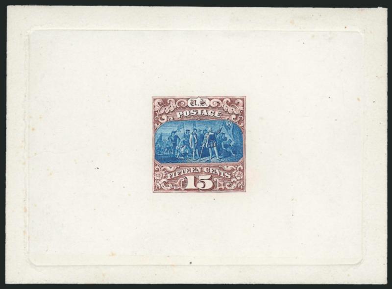 15c Red Brown & Blue, Ty. II, Large Die Essay on India, Vignette Mounted in Place (119-E1c).> On 88 x 64mm card with full die sinkage, fresh and bright colors, few trivial toned spots<><>^VERY FINE AND VERY RARE
EXAMPLE OF THE 15-CENT 1869 PICTORIA