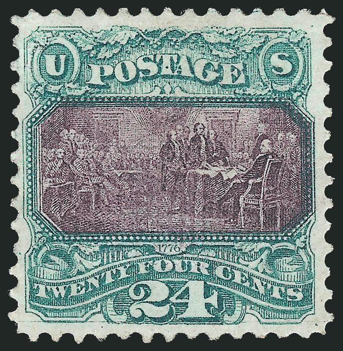 24c Green & Violet (120).> Original gum, fresh vivid colors, well-centered with wide margins<><>^VERY FINE AND CHOICE. A BEAUTIFUL ORIGINAL-GUM EXAMPLE OF THE 24-CENT 1869 PICTORIAL ISSUE.^<><>The 24c 1869
Pictorial is readily available in origin