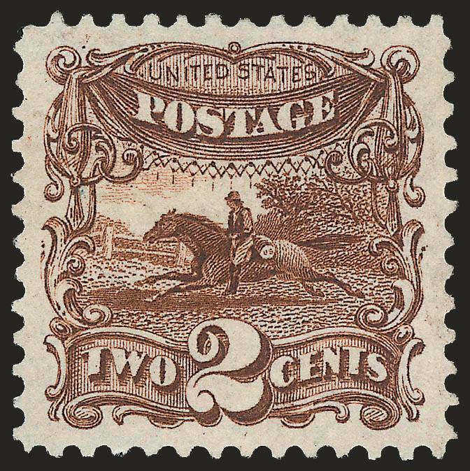 2c Brown, Re-Issue (124).> Unused (no gum), deep rich color and proof-like impression, mathematically perfect centering with unusually wide margins, long and full perforations all around<><>^EXTREMELY FINE GEM.
THIS STUNNING STAMP HAS BEEN AWARDED