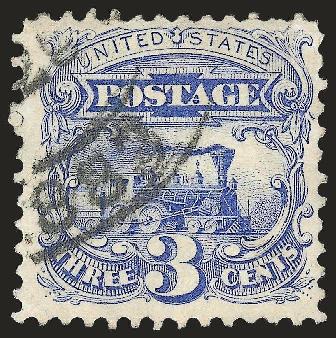 3c Blue, Re-Issue (125).> Bright color, neat strike of 1883 double oval cancel, small corner crease at top right and single repaired perf at top right<><>^FINE APPEARANCE. AN EXTREMELY RARE USED EXAMPLE OF THE
3-CENT 1869 PICTORIAL RE-ISSUE. ONLY F