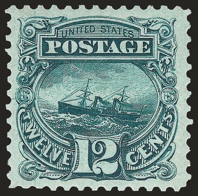 12c Green, Re-Issue (128). Mint N.H.,> intense shade and impression, choice centering with wide margins<><>^VERY FINE AND CHOICE. THIS IS THE FIRST MINT NEVER-HINGED EXAMPLE OF THE 12-CENT 1869 PICTORIAL
RE-ISSUE WE HAVE OFFERED SINCE KEEPING COMPU