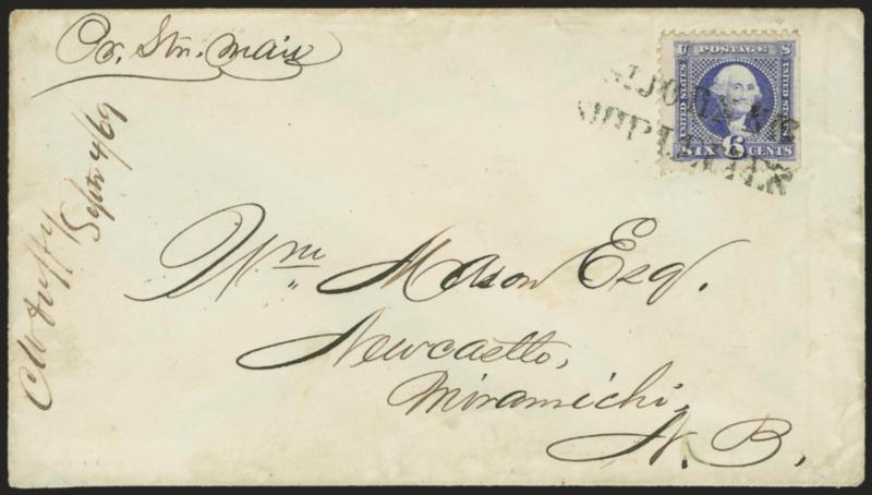 6c Ultramarine (115).> Wide margins with natural s.e. at right, tied by clear strike of <St. John N.B.Ship Letter> two-line handstamp on cover <to Newcastle, New Brunswick,> senders route instructions <<Pr. Stm.
Mail,>> St. John N.B. SE 7 69