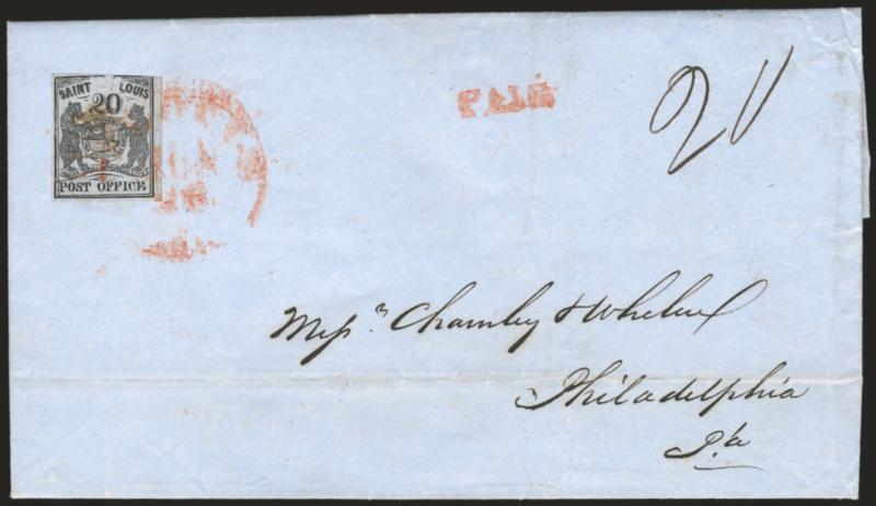 St. Louis Mo., 20c Black on Gray Lilac (11X6).> Type I, Position 1, three large margins, clear to just touched at top, neat ms. cancel, tied by red St. Louis Mo. Jun. 26 circular datestamp on blue 1846 folded
letter to Philadelphia, matching Paid