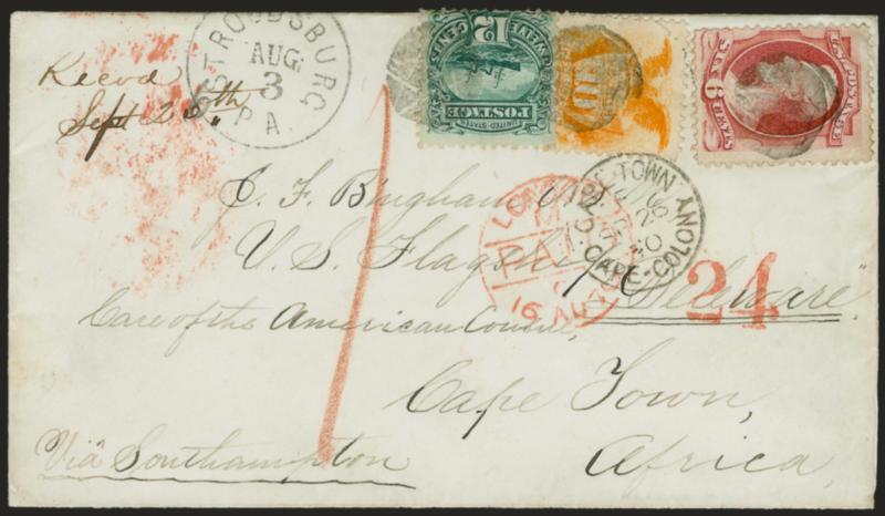 10c Yellow, 12c Green (117).> Used with <6c Carmine (148),> each stamp has brilliant fresh color, tied by three strikes of <Negative 5-Point Star in Circle> fancy cancel, Stroudsburg Pa. Aug. 3 (1870) circular
datestamp on immaculate cover to naval