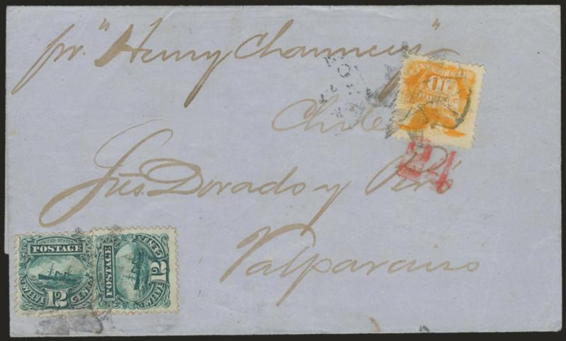 10c Yellow, 12c Green (116, 117).> 10c vivid color and beautifully centered, used with two 12c, all tied by fancy rosette cancel on blue folded cover <to Valparaiso, Chile,> senders ship-name designation <<pr
Henry Chauncey,>> faint New York cir