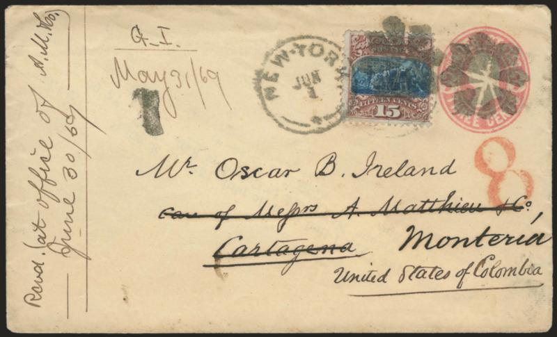 15c Brown & Blue, Ty. I (118).> Tied by rosette cancel and duplex New-York Jun. 1 circular datestamp on 3c Pink entire (U59) <to Cartagena, Colombia, and forwarded to Monteria,> large red 8 credit handstamp,
Albert Mathieu & Co. Carthagena N.G.
