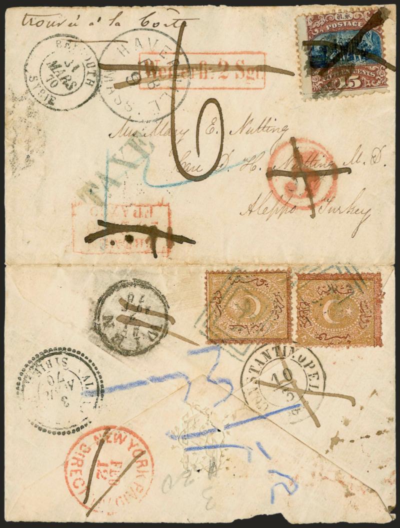 15c Brown & Blue, Ty. II (119).> Intense shades and impressions, couple trivial pulled perfs at bottom, cancelled by grid at origin and by ms. X in transit (as later explained), Haverhill Mass. Feb. 9 (1870)
circular datestamp on small cover <to
